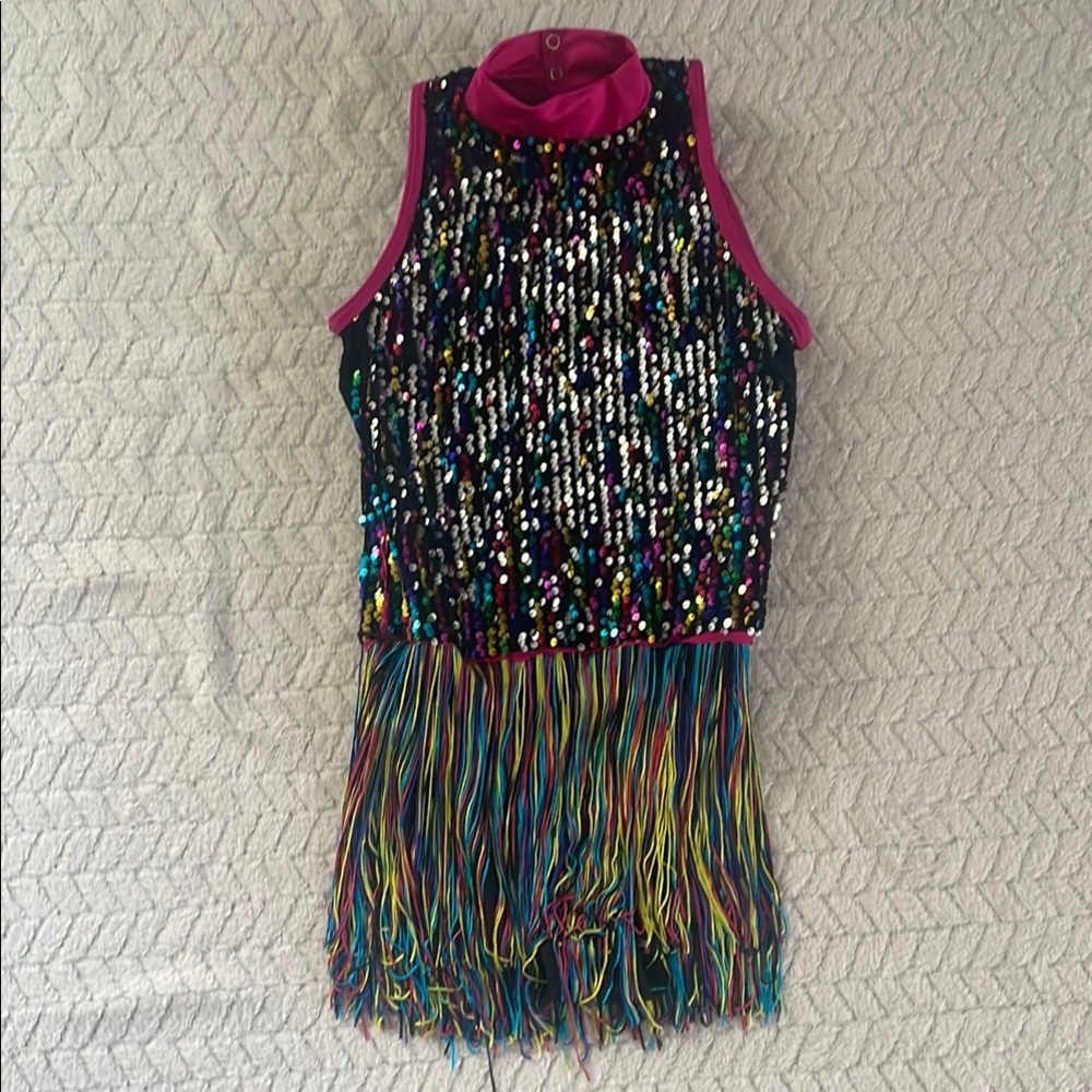 Weissman Multicolor Sequin Fringe Dance Costume with Pink Trim - Picture 1 of 8